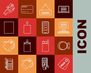 Set line Price tag with an inscription Sale, Shopping building screen computer, Hanging sign text Open door, Paper shopping bag, Human hand holding credit card and Online mobile phone icon. Vector