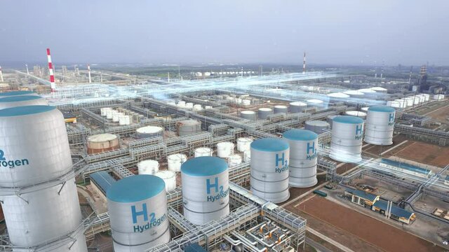 Filling tanks with hydrogen, renewable energy production factory plant. Motion graphics concept of hydrogen filling.