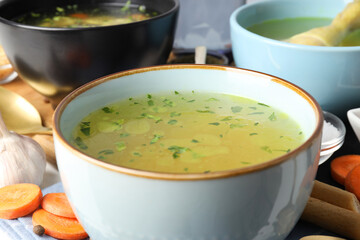 Concept of tasty food with chicken soup, close up
