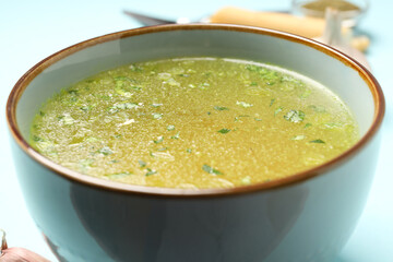 Concept of tasty food with broth, close up
