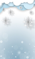 Fototapeta na wymiar Abstract, blue, winter background with white snowflakes and blurry lights. Soaring snow on a light background and beautiful snowflakes hanging from the clouds. Vertical illustration.