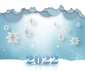 Christmas banner from 2022 on a blue background with clouds and snowflakes. Beautiful winter illustration for congratulations. Christmas banner with white snowflakes, snow and blurry lights.