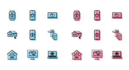 Set line Smart house and alarm, watch temperature, Laptop home wi-fi, Mobile phone, Digital door lock wireless technology for lock, light bulb and under protection icon. Vector