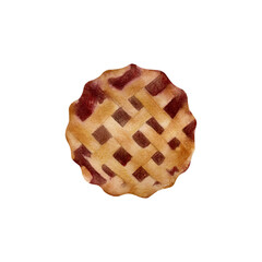 Watercolor cherry pie illustration. Hand-drawn sweet baked food isolated on white background. Summer baking