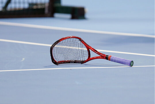 Canada's Denis Shapovalov's racket is seen broken on the court after losing the match against Moldova's Radu Albot during the ATP 250 Sofia Open.