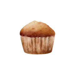 Watercolor chocolate muffin illustration. Hand-drawn sweet baked cupcake dessert food isolated on white background for bakery and cafe cards and logo