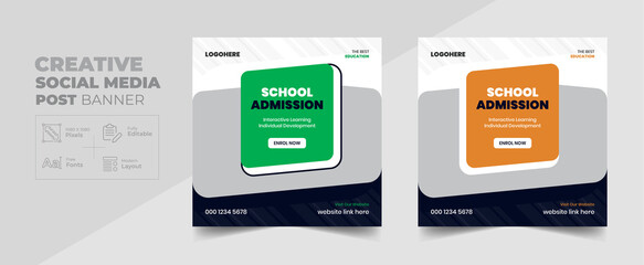 School admission social media post banner design. back to school social media post banner design set. Back to school admission promotion banner. school admission template for social media ads banner