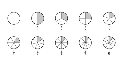 Whole circle divided into parts, share, math fraction. Mathematics infographic, circle piece diagram. Half, third, quarter and other proportion chart. Vector illustration