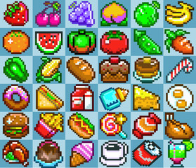 Pack of 36 vector pixel art icons of tasty foods and delights.
food icons in pixel format, vector artwork, each element separated in its space, isolated layer, editable vector.
