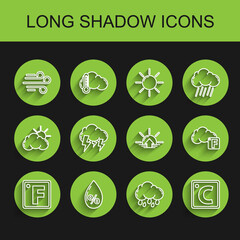 Set line Fahrenheit, Water drop percentage, Wind, Cloud with rain, Celsius, Storm, and cloud and Sunrise icon. Vector