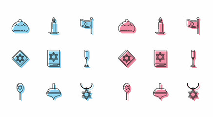 Set line Balloons with ribbon with star of david, Hanukkah dreidel, Jewish sweet bakery, Star David necklace chain, torah book, goblet, and Burning candle candlestick icon. Vector