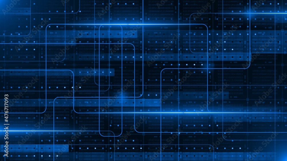 Poster information technology concept in blue design - graphic elements over blocks of binary code arranged