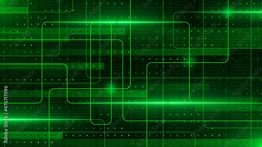 Poster information technology concept in green design - graphic elements over blocks of binary code arrange