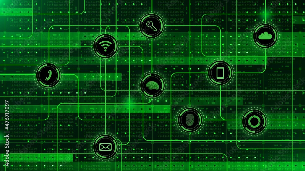 Poster information technology concept in green design - graphic elements over blocks of binary code arrange