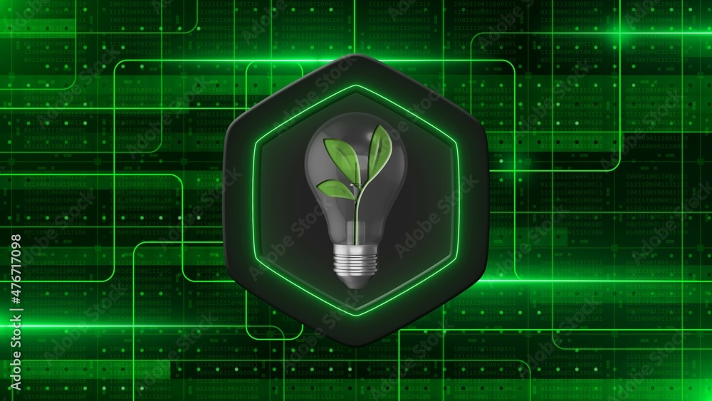 Poster information technology concept in green design - graphic elements over blocks of binary code arrange