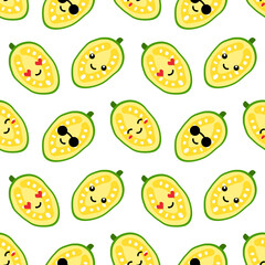 Cute and happy cartoon style jackfruit characters vector seamless pattern background.