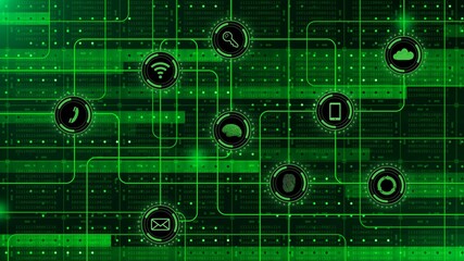 Information technology concept in green design - graphic elements over blocks of binary code arranged as a square grid - 3D illustration