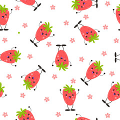 Premium vector of cute kawaii strawberry seamless pattern