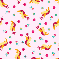 Premium vector of toucan and flower flat design seamless pattern with soft color background