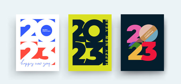 Concept of Happy New Year 2023 posters. Set of design templates with typography logo 2023 for celebration and season Christmas decoration. Minimal trendy backgrounds for branding, cover, banner, card.