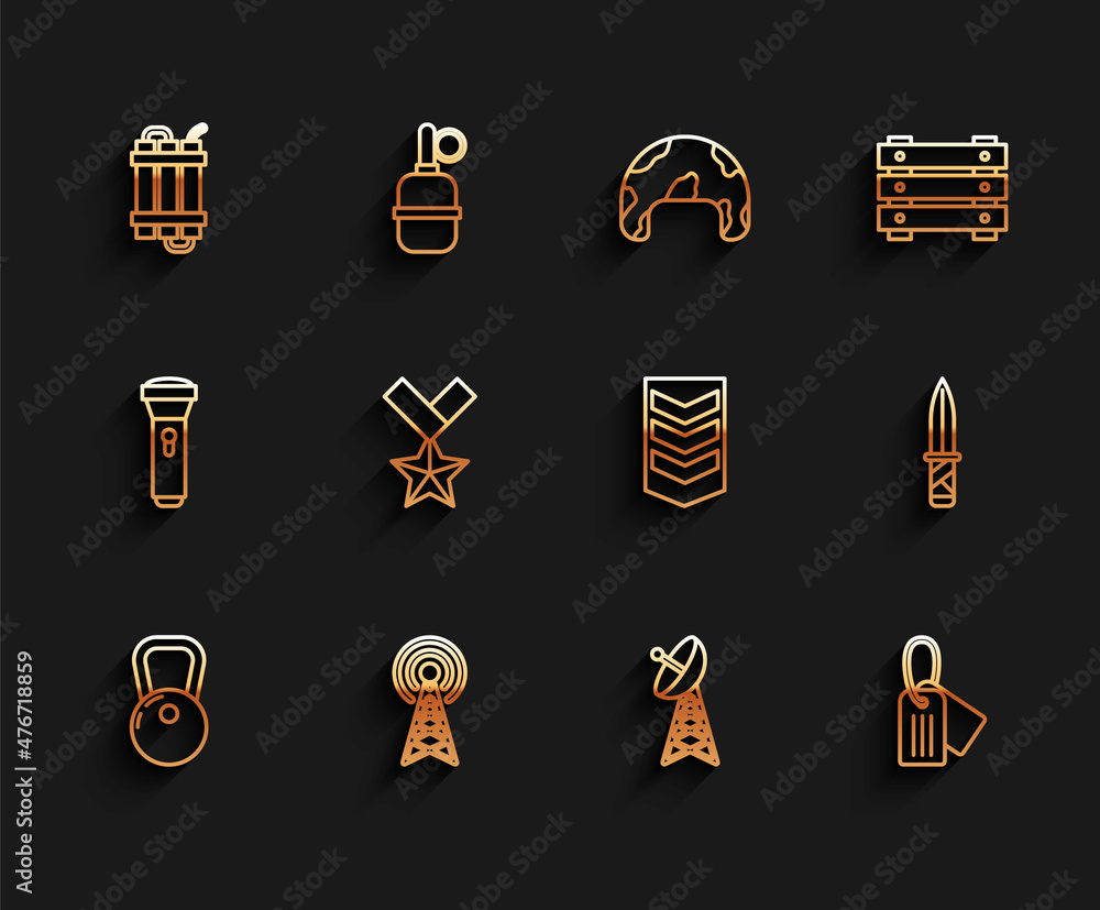 Sticker set line kettlebell, radar, detonate dynamite bomb stick, military dog tag, reward medal, knife and 