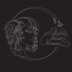 Young woman with flowers in hair. Lettering. Outline vector illustration.