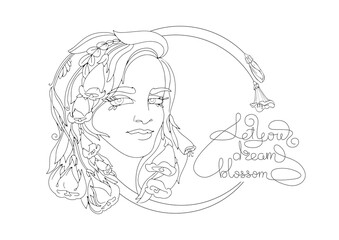 Young woman with flowers in hair. Lettering. Outline vector illustration.