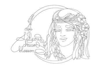 Young woman with flowers in hair. Lettering. Outline vector illustration.