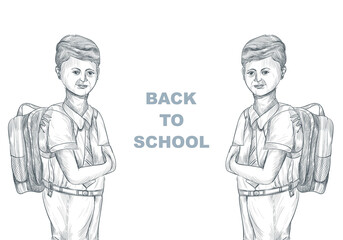 Hand draw sketch child with school bag with back to school background