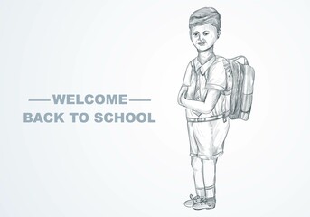 Hand draw sketch child with school bag with back to school background