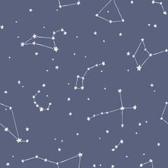 Seamless vector pattern with stars and constellations on a dark blue background