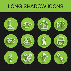 Fototapeta premium Set line Carrot, Shovel and rake, in the ground, Scarecrow, Roll of hay, Shopping basket and Windmill icon. Vector