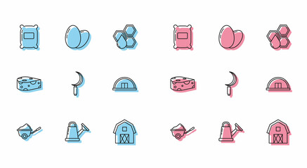 Set line Wheelbarrow with dirt, Watering can, Bag of flour, Farm House concept, Sickle, Hangar, Cheese and Chicken egg icon. Vector