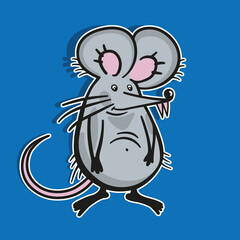 Fun mouse cartoon. Flat style illustration on a blue background. Fat rate children drawing.