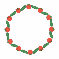 Round frame with positive tomato and cucumber on white background. Vector image.