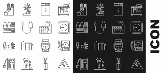 Set line High voltage sign, Ampere meter, multimeter, voltmeter, Electrical outlet, Power bank, Charger, station plant and factory, Nuclear power and Coal icon. Vector