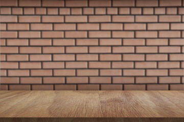 Wooden board empty table in front of light brick wall background