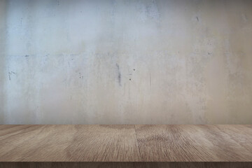 Wooden board empty table in front of concrete background 