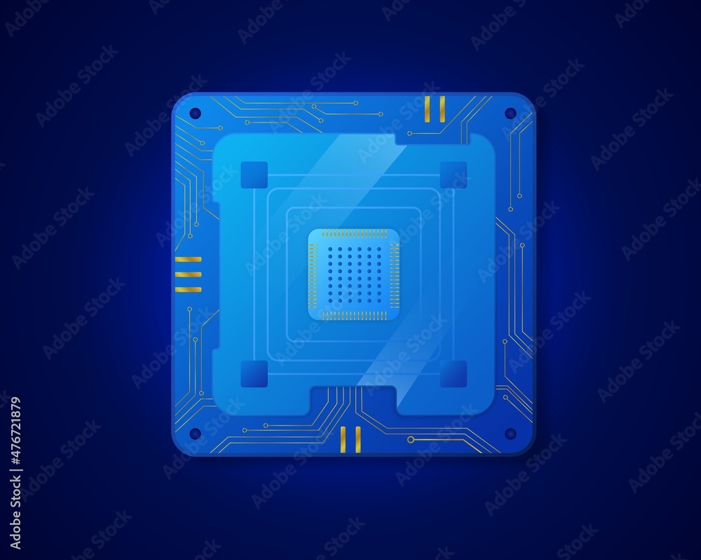 Poster computer cpu board without processor. blue chip with lines for connecting and transmitting digital i