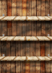 Empty wooden shelves on wall