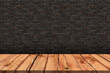 Wooden board empty table in front of dark brick wall background. Mock up for display of product
