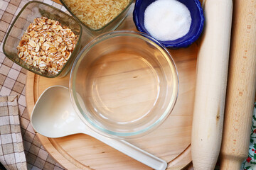 Kitchenware. Empty glass container. Cereals