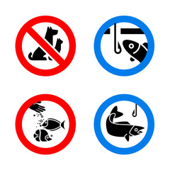 No Fouling Dog and No fishing forbidden signs, vector illustration