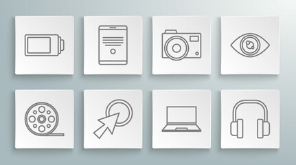 Set line Film reel, Tablet, Arrow cursor, Laptop, Headphones, Photo camera, Eye and Battery charge level indicator icon. Vector © Oksana