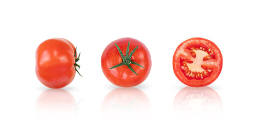 Three vine ripened truss tomatoes, isolated on white. Natural light. © Gita