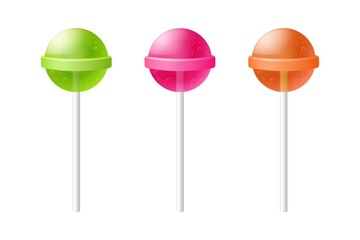 Multicolored lollipops. Green caramel candy on stick pink delicious dessert on stick orange sugar sweetness for festive interior and fun vector parties.