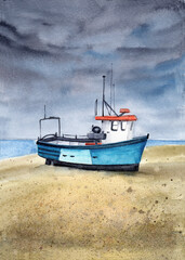 Naklejka na ściany i meble Watercolor illustration of an old blue boat on a sandy beach with blue skies and with the sea on the background 