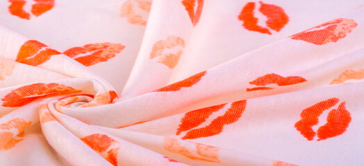 Texture, background, ground, context, fond, foil, field, white cotton with lip prints of kisses