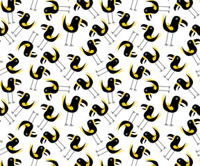 black and yellow toucan bird  repeat pattern on white background .