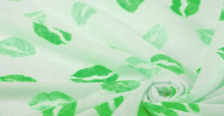 Texture, background, ground, context, fond, foil, field, silk fabric is green white with kisses lip prints